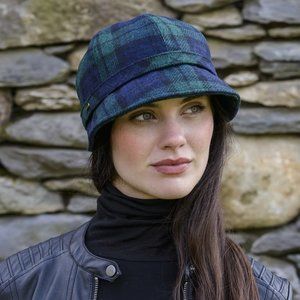 New Made in Ireland Flapper 100% Wool Herringbone Hat Cap Black Watch Blue Green